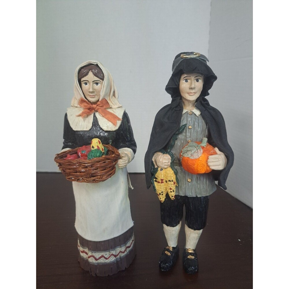 Pair Of Thanksgiving Resin Pilgrim Figurines With Harvest